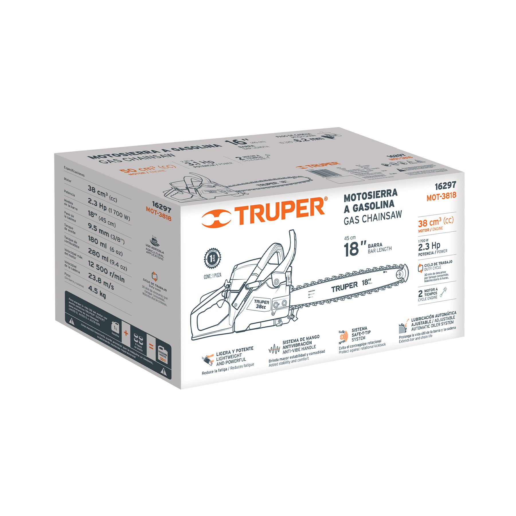 Motosierra 38 cc a gasolina con barra de 18" Truper - Imagen 4