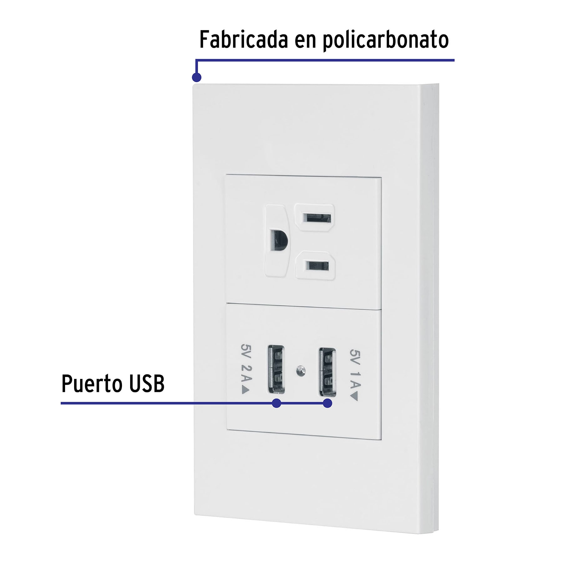 Placa armada 1contacto 2puertos USB 1.5mod Española blanco - Imagen 3