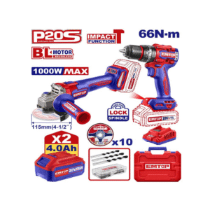 COMBO ESMERILADORA 4-1/2 Y TALADRO PERCUTOR 1/2 INALAMBRICOS 20V BRUSHLESS 2BATERIAS CARGADOR MALETA EMTOP