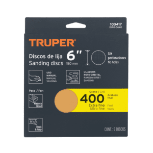 Paquete con 5 discos de lija 6" grano 400 ciegos TRUPER