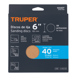 Paquete con 5 discos de lija 6" grano 40 ciegos TRUPER